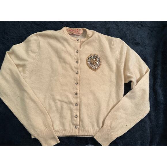 VINTAGE CARDIGAN SWEATER BEADED PEARL CREST RHINESTONE BUTTONS - Picture 14 of 14
